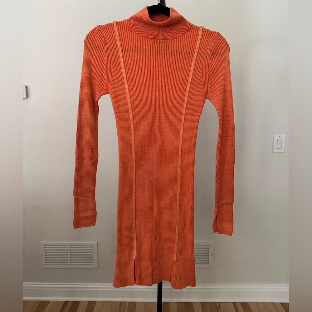Orange Ribbed Long Sleeve Dress